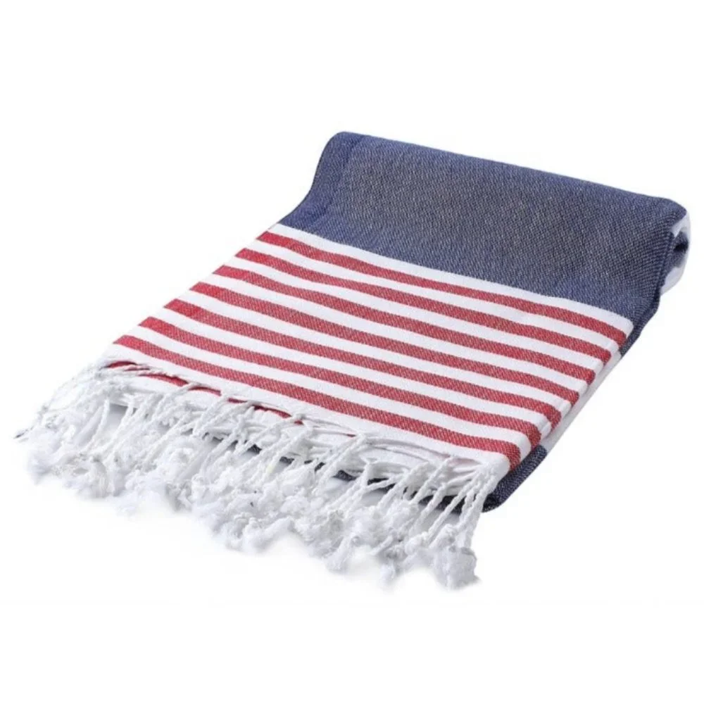 4 Red White Blue Striped Beach Bath Towels - 100% Turkish Cotton